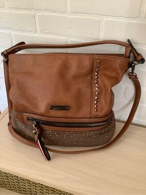 Convertible Tan Shoulder Bag with Stud and Zip Accents